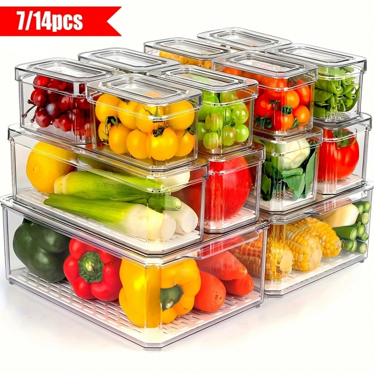 Food Storage Kitchen Cabinet - 7/14er-Pack stapelbare Kühlschrank-Organizerbehälter mit Deckeln, platzsparende