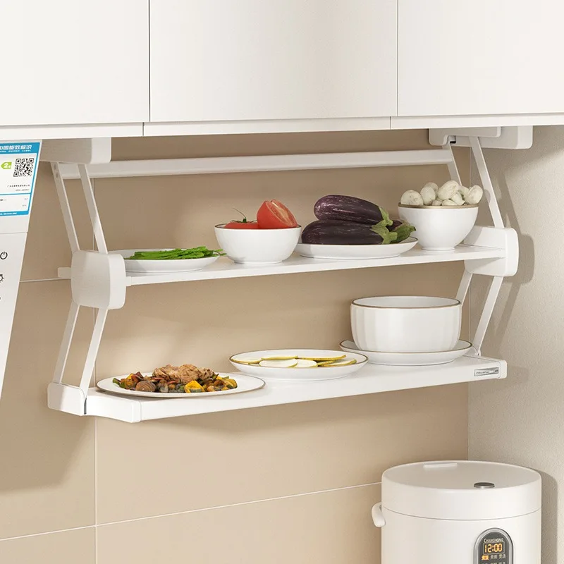 Food Storage Kitchen Cabinet - Edelstahl-Wandschrankregal, faltbares, herunterziehbares Küchenregal, doppellagiger Organizer,