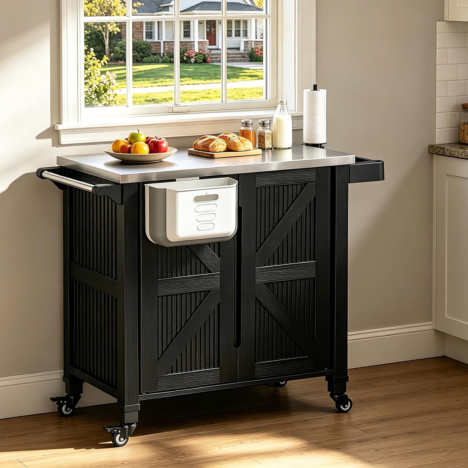 Food Storage On Wheels - Outdoor-Grillwagen mit Aufbewahrungsschrank, rollbare Kücheninsel, Edelstahl-Tischplatte,