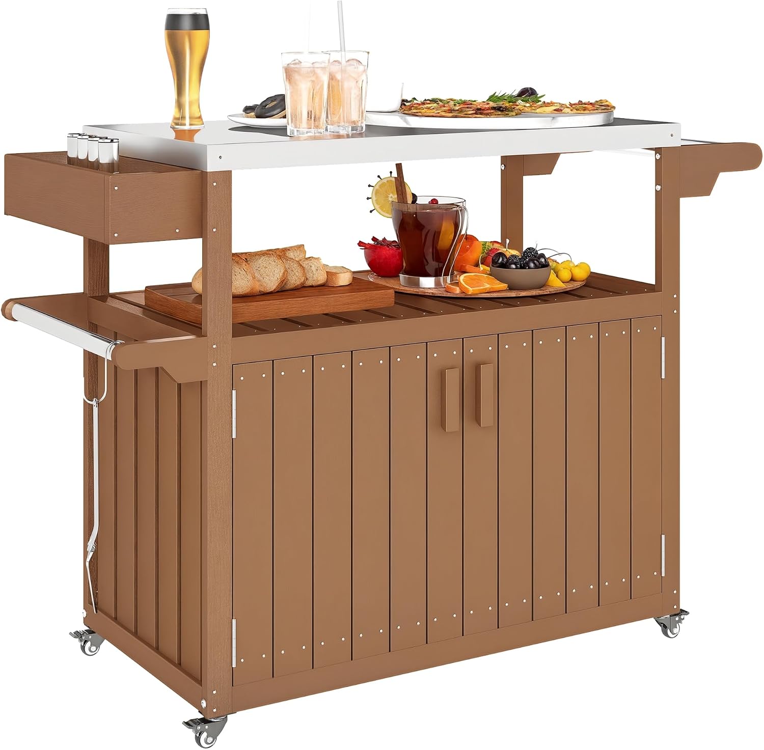 Food Storage On Wheels - Outdoor-Barwagen mit Aufbewahrungsschrank, Kücheninsel mit Edelstahlplatte