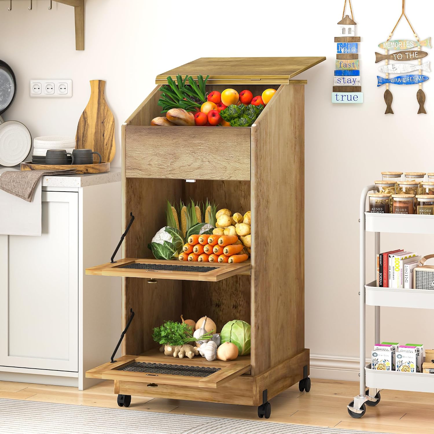 Food Storage On Wheels - Holzkartoffel-Aufbewahrungsschränke auf Rädern, 3-stufiger rollender Küchen-Aufbewahrungsbehälter