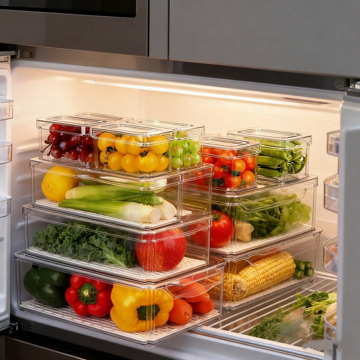 Stackable Pantry Bin - 7er-Pack stapelbare Kühlschrank-Organizer-Behälter, moderne transparente Kunststoff-Aufbewahrungsbehälter