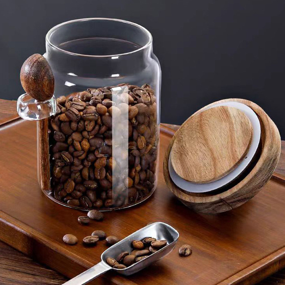 Food Storage Glass Containers - Transparenter Glas-Lebensmittelbehälter mit luftdichtem Holzdeckel, Kaffeedose,