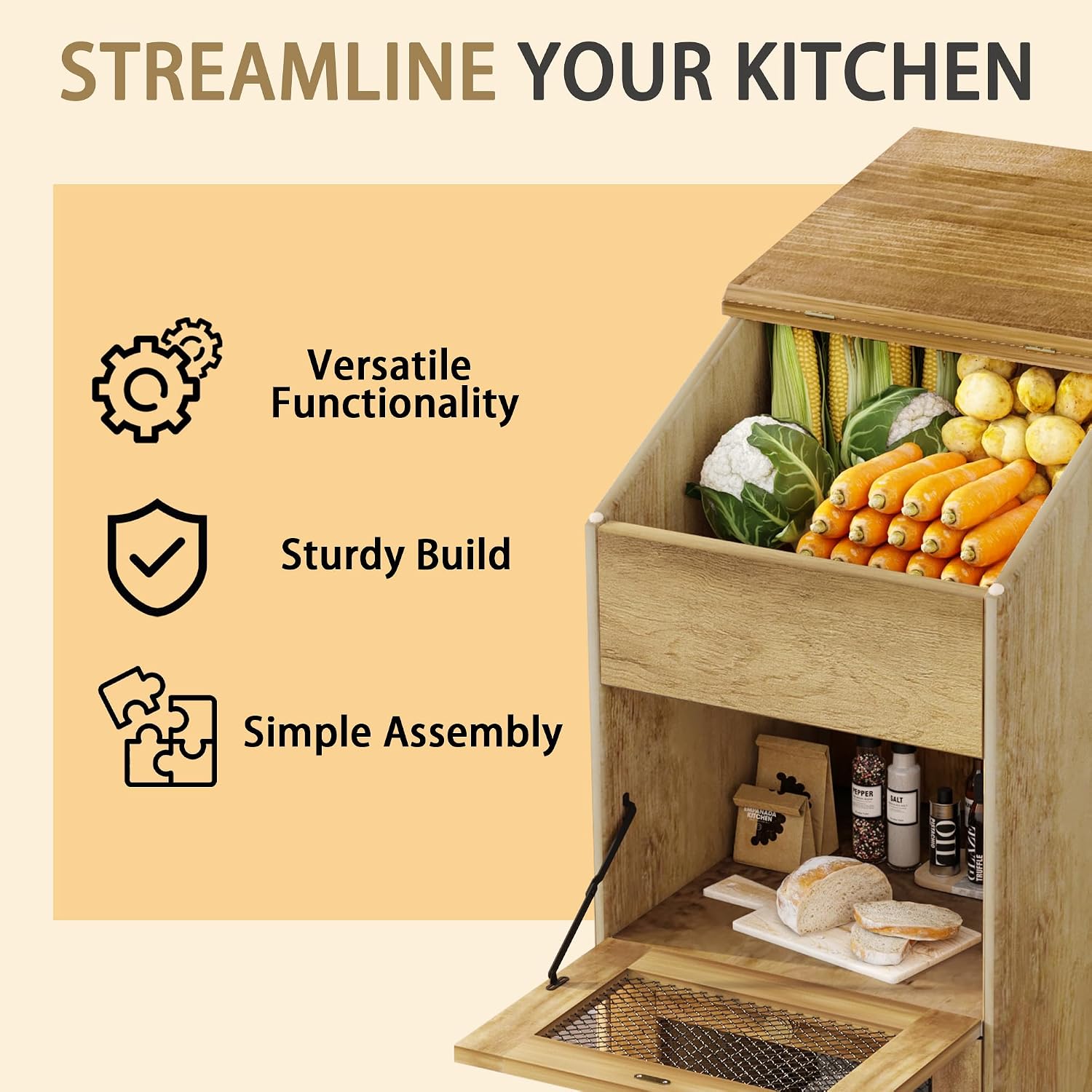 Holzkartoffel-Aufbewahrungssch – Food Storage On Wheels Bewertung und Preis